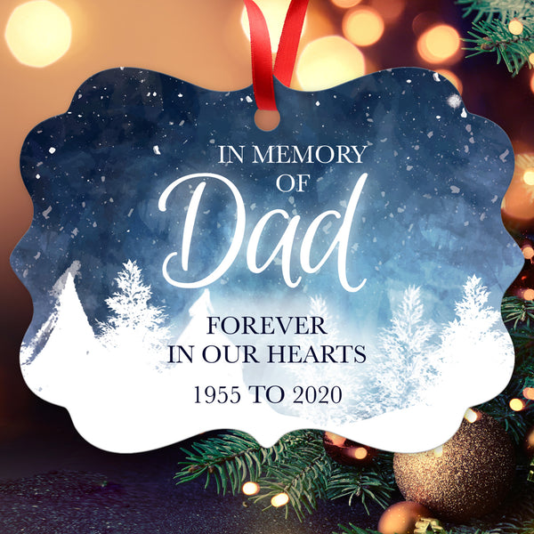 Personalized Ornament, In Memory Of Dad Forever In Our Hearts Ornament, Rectangle Metal Ornament, Velvet Pouch Included