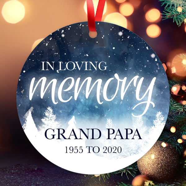 Personalized Christmas Ornaments, In Loving Memory Grand Papa Ornament, Round Metal Ornament, Velvet Pouch Included