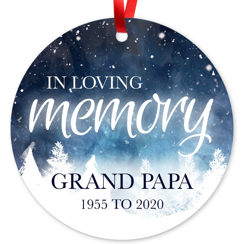 Personalized Christmas Ornaments, In Loving Memory Grand Papa Ornament, Round Metal Ornament, Velvet Pouch Included