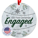 2020 Christmas Ornament, Our First Christmas Engaged 2020 Ornament, Round Metal Ornament, Velvet Pouch Included