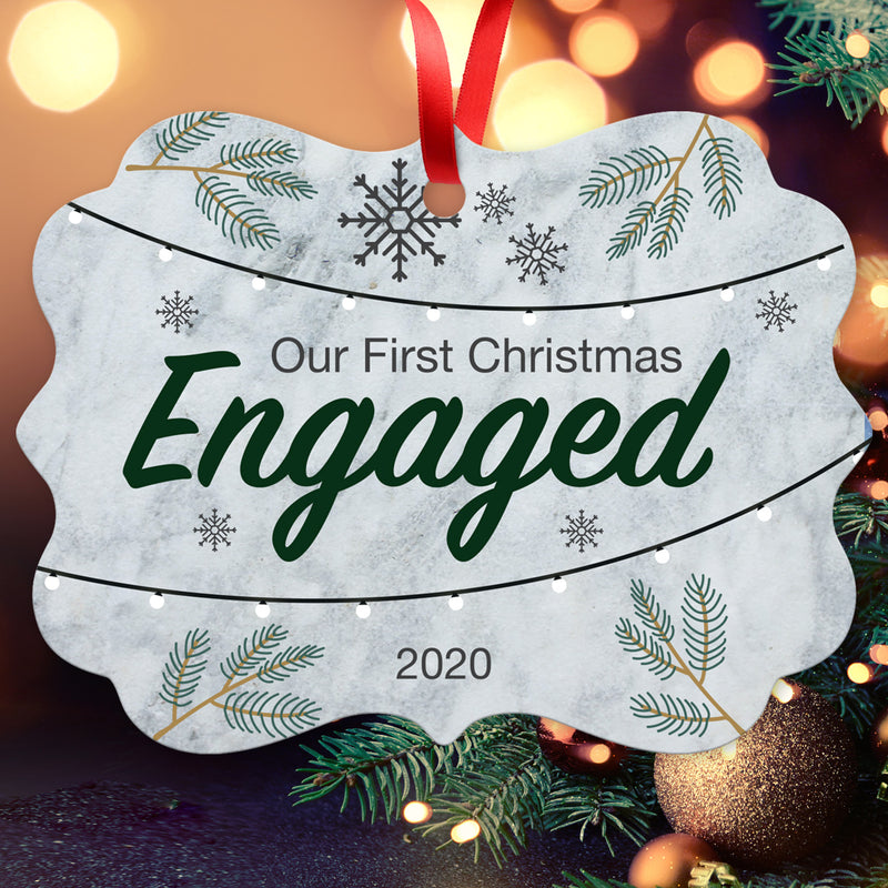 2020 Christmas Ornament, Our First Christmas Engaged 2020 Ornament, Rectangle Metal Ornament, Velvet Pouch Included