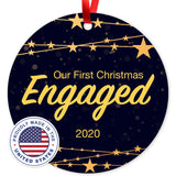 Christmas Tree Ornaments, Our First Christmas Engaged 2020 Ornament, Round Metal Ornament, Velvet Pouch Included