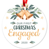 Christmas Ornaments 2020, Our First Christmas Engaged 2020 Ornament, Round Metal Ornament, Velvet Pouch Included