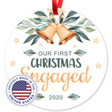 Christmas Ornaments 2020, Our First Christmas Engaged 2020 Ornament, Round Metal Ornament, Velvet Pouch Included