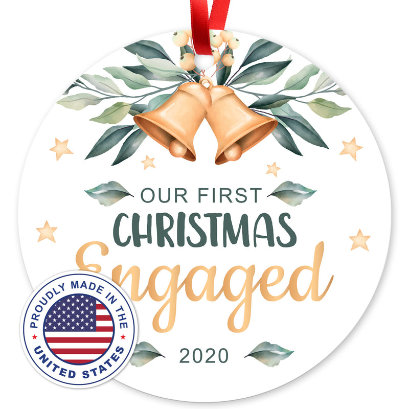 Christmas Ornaments 2020, Our First Christmas Engaged 2020 Ornament, Round Metal Ornament, Velvet Pouch Included