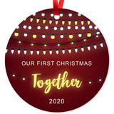 2020 Christmas Ornaments, Our First Christmas Together 2020 Ornament,  Round Metal Ornament, Velvet Pouch Included