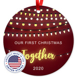 2020 Christmas Ornaments, Our First Christmas Together 2020 Ornament,  Round Metal Ornament, Velvet Pouch Included