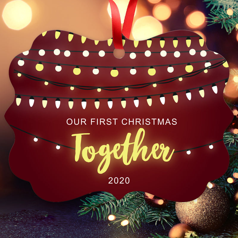 2020 Christmas Ornaments, Our First Christmas Together 2020 Ornament, Rectangle Metal Ornament, Velvet Pouch Included