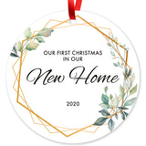 Our First Christmas In Our New Home 2020, Christmas Decorations Gift Ornaments, Round Metal Ornament, Velvet Pouch Included, By Soul Décor