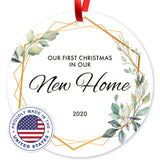 Our First Christmas In Our New Home 2020, Christmas Decorations Gift Ornaments, Round Metal Ornament, Velvet Pouch Included, By Soul Décor