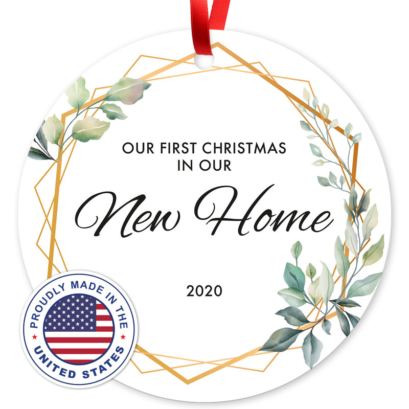 Our First Christmas In Our New Home 2020, Christmas Decorations Gift Ornaments, Round Metal Ornament, Velvet Pouch Included, By Soul Décor