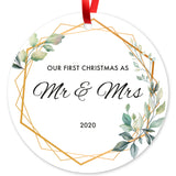 Our First Christmas As Mr & Mrs 2020, Christmas Decorations Gift Ornaments, Round Metal Ornament, Velvet Pouch Included, By Soul Décor