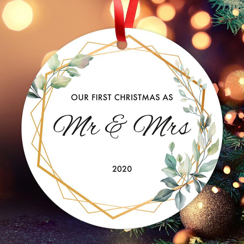 Our First Christmas As Mr & Mrs 2020, Christmas Decorations Gift Ornaments, Round Metal Ornament, Velvet Pouch Included, By Soul Décor