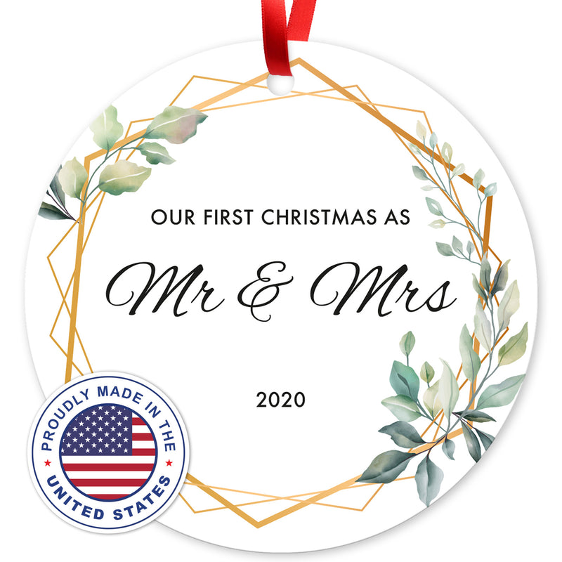 Our First Christmas As Mr & Mrs 2020, Christmas Decorations Gift Ornaments, Round Metal Ornament, Velvet Pouch Included, By Soul Décor