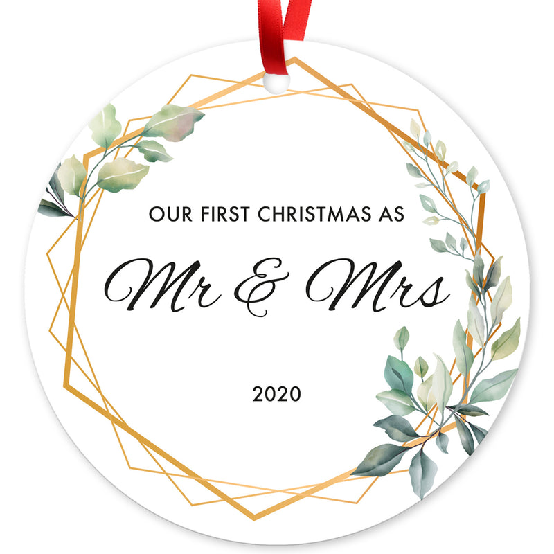 Our First Christmas As Mr & Mrs 2020, Christmas Decorations Gift Ornaments, Round Metal Ornament, Velvet Pouch Included, By Soul Décor