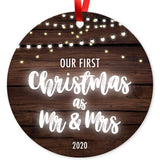 Our First Christmas As Mr & Mrs 2020, Christmas Tree Decorations Gift Ornament, Round Metal Ornament, Velvet Pouch Included, By Soul Décor