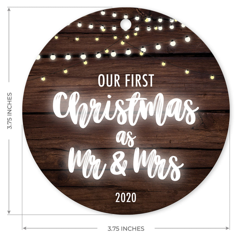 Our First Christmas As Mr & Mrs 2020, Christmas Tree Decorations Gift Ornament, Round Metal Ornament, Velvet Pouch Included, By Soul Décor