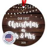 Our First Christmas As Mr & Mrs 2020, Christmas Tree Decorations Gift Ornament, Round Metal Ornament, Velvet Pouch Included, By Soul Décor