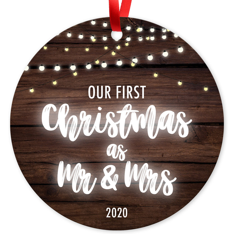 Our First Christmas As Mr & Mrs 2020, Christmas Tree Decorations Gift Ornament, Round Metal Ornament, Velvet Pouch Included, By Soul Décor