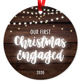 Our First Christmas Engaged 2020, Christmas Tree Decorations Gift Ornament, Round Metal Ornament, Velvet Pouch Included, By Soul Décor