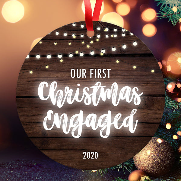 Our First Christmas Engaged 2020, Christmas Tree Decorations Gift Ornament, Round Metal Ornament, Velvet Pouch Included, By Soul Décor