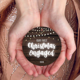 Our First Christmas Engaged 2020, Christmas Tree Decorations Gift Ornament, Round Metal Ornament, Velvet Pouch Included, By Soul Décor