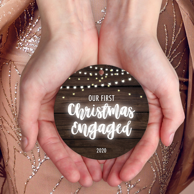 Our First Christmas Engaged 2020, Christmas Tree Decorations Gift Ornament, Round Metal Ornament, Velvet Pouch Included, By Soul Décor