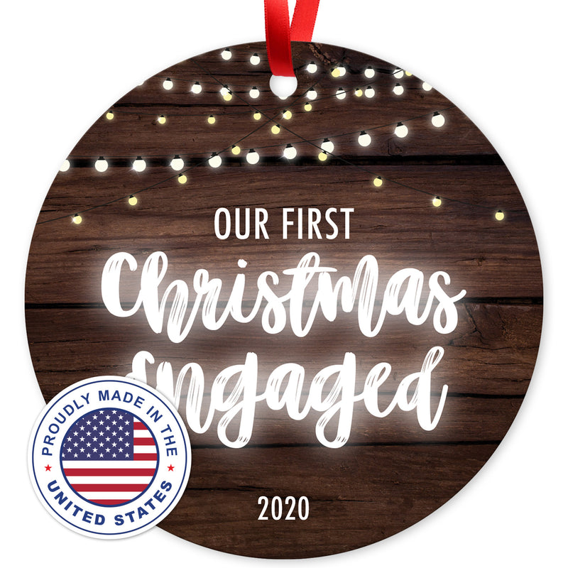 Our First Christmas Engaged 2020, Christmas Tree Decorations Gift Ornament, Round Metal Ornament, Velvet Pouch Included, By Soul Décor