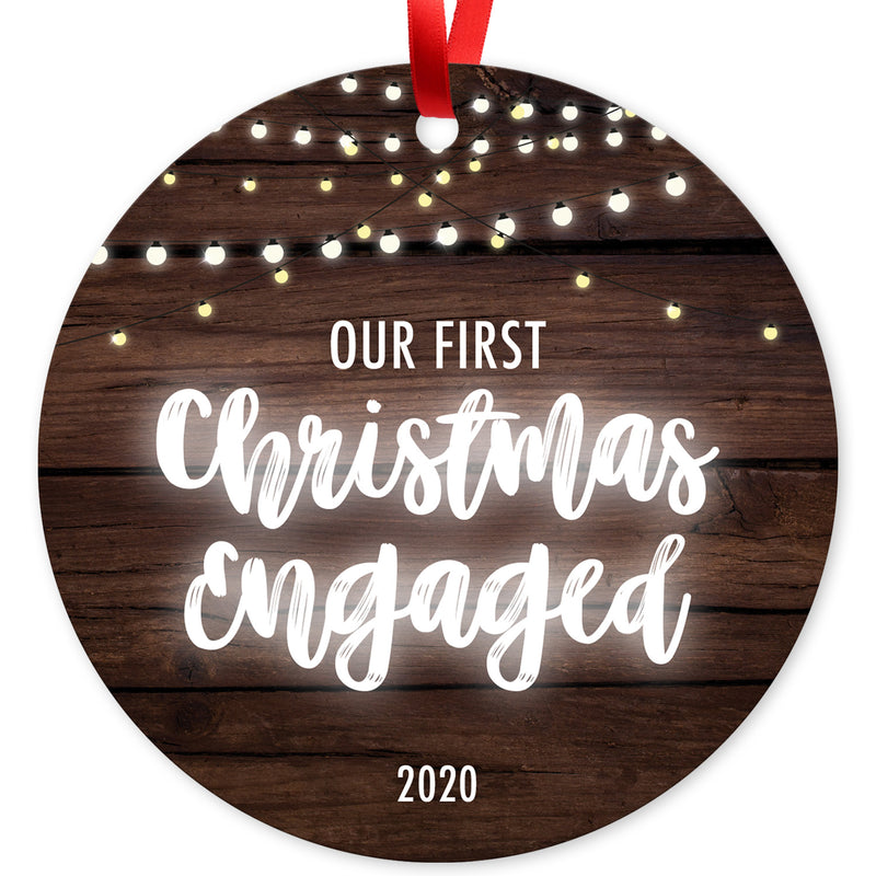 Our First Christmas Engaged 2020, Christmas Tree Decorations Gift Ornament, Round Metal Ornament, Velvet Pouch Included, By Soul Décor