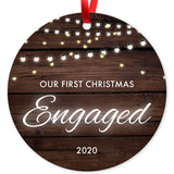 Our First Christmas Engaged 2020, Christmas Tree Décor Gift Ornament, Round Metal Ornament, Velvet Pouch Included, By Soul Décor