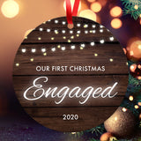 Our First Christmas Engaged 2020, Christmas Tree Décor Gift Ornament, Round Metal Ornament, Velvet Pouch Included, By Soul Décor