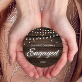 Our First Christmas Engaged 2020, Christmas Tree Décor Gift Ornament, Round Metal Ornament, Velvet Pouch Included, By Soul Décor