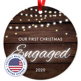 Our First Christmas Engaged 2020, Christmas Tree Décor Gift Ornament, Round Metal Ornament, Velvet Pouch Included, By Soul Décor