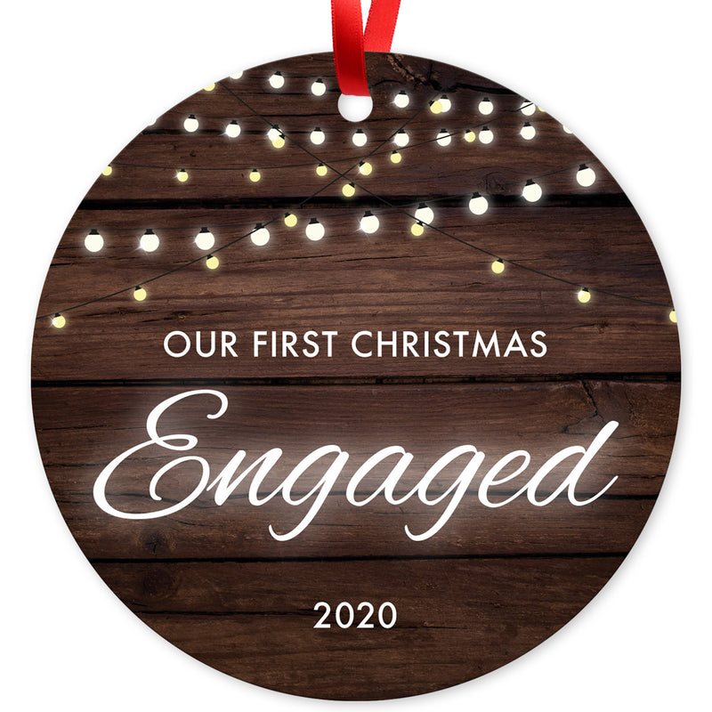 Our First Christmas Engaged 2020, Christmas Tree Décor Gift Ornament, Round Metal Ornament, Velvet Pouch Included, By Soul Décor