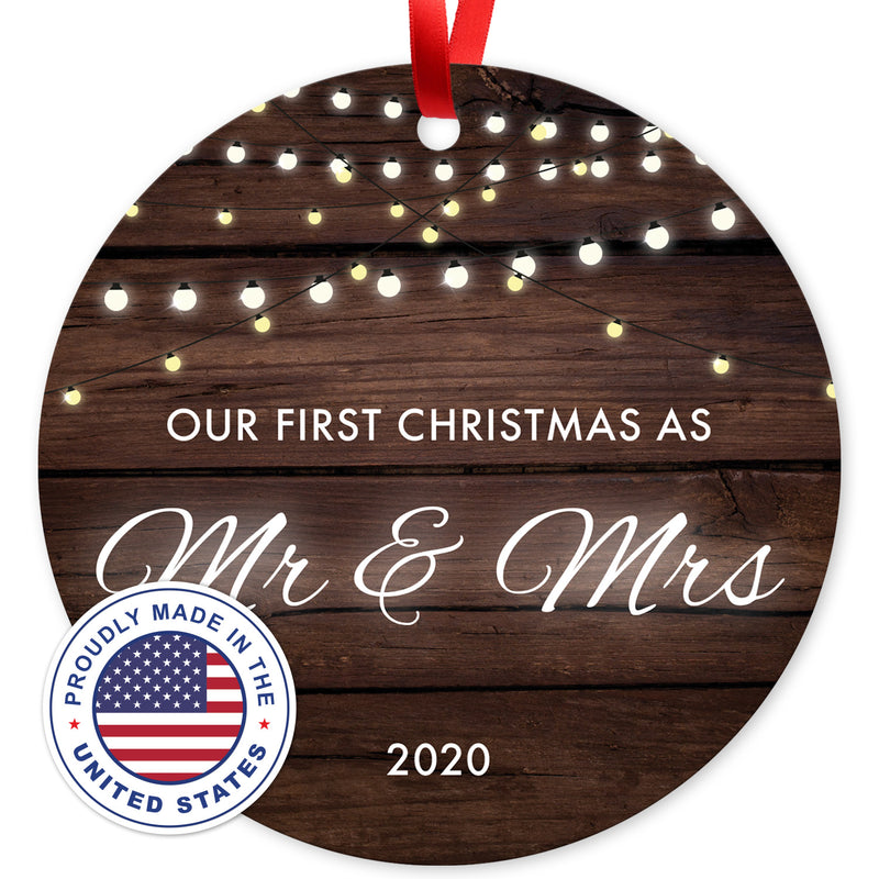 Our First Christmas As Mr & Mrs 2020, Christmas Tree Décor Gift Ornament, Round Metal Ornament, Velvet Pouch Included, By Soul Décor