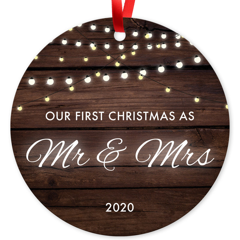 Our First Christmas As Mr & Mrs 2020, Christmas Tree Décor Gift Ornament, Round Metal Ornament, Velvet Pouch Included, By Soul Décor