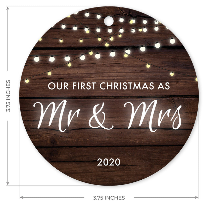 Our First Christmas As Mr & Mrs 2020, Christmas Decorations For The Home, Round Metal Ornament, Velvet Pouch Included, By Soul Décor