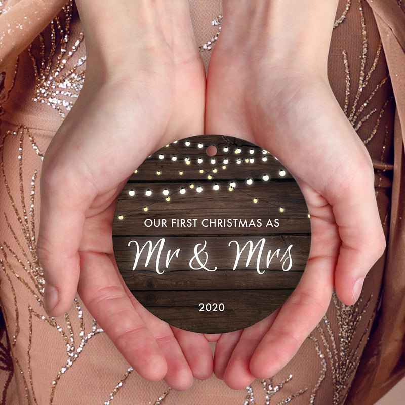 Our First Christmas As Mr & Mrs 2020, Christmas Decorations For The Home, Round Metal Ornament, Velvet Pouch Included, By Soul Décor