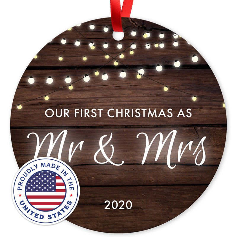 Our First Christmas As Mr & Mrs 2020, Christmas Decorations For The Home, Round Metal Ornament, Velvet Pouch Included, By Soul Décor