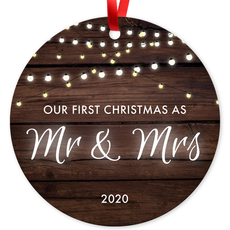 Our First Christmas As Mr & Mrs 2020, Christmas Decorations For The Home, Round Metal Ornament, Velvet Pouch Included, By Soul Décor