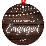 Our First Christmas Engaged 2020, Christmas Decorations For The Home, Round Metal Ornament, Velvet Pouch Included, By Soul Décor