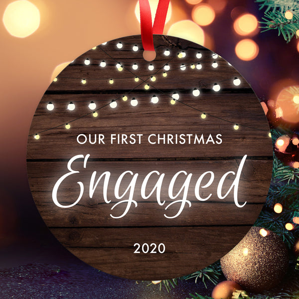 Our First Christmas Engaged 2020, Christmas Decorations For The Home, Round Metal Ornament, Velvet Pouch Included, By Soul Décor