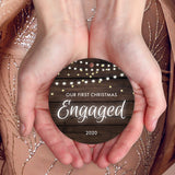 Our First Christmas Engaged 2020, Christmas Decorations For The Home, Round Metal Ornament, Velvet Pouch Included, By Soul Décor