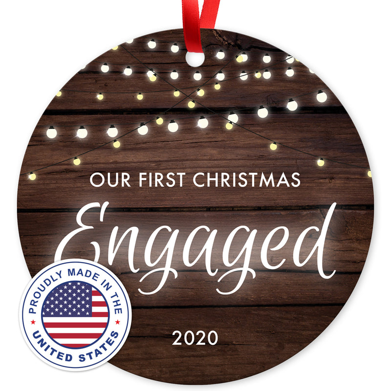 Our First Christmas Engaged 2020, Christmas Decorations For The Home, Round Metal Ornament, Velvet Pouch Included, By Soul Décor