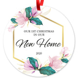 Our First Christmas In Our New Home 2020, Christmas Tree Decorations Gift Ornament, Round Metal Ornament, Velvet Pouch Included, By Soul Décor