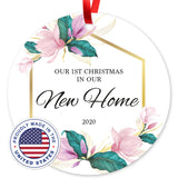 Our First Christmas In Our New Home 2020, Christmas Tree Decorations Gift Ornament, Round Metal Ornament, Velvet Pouch Included, By Soul Décor