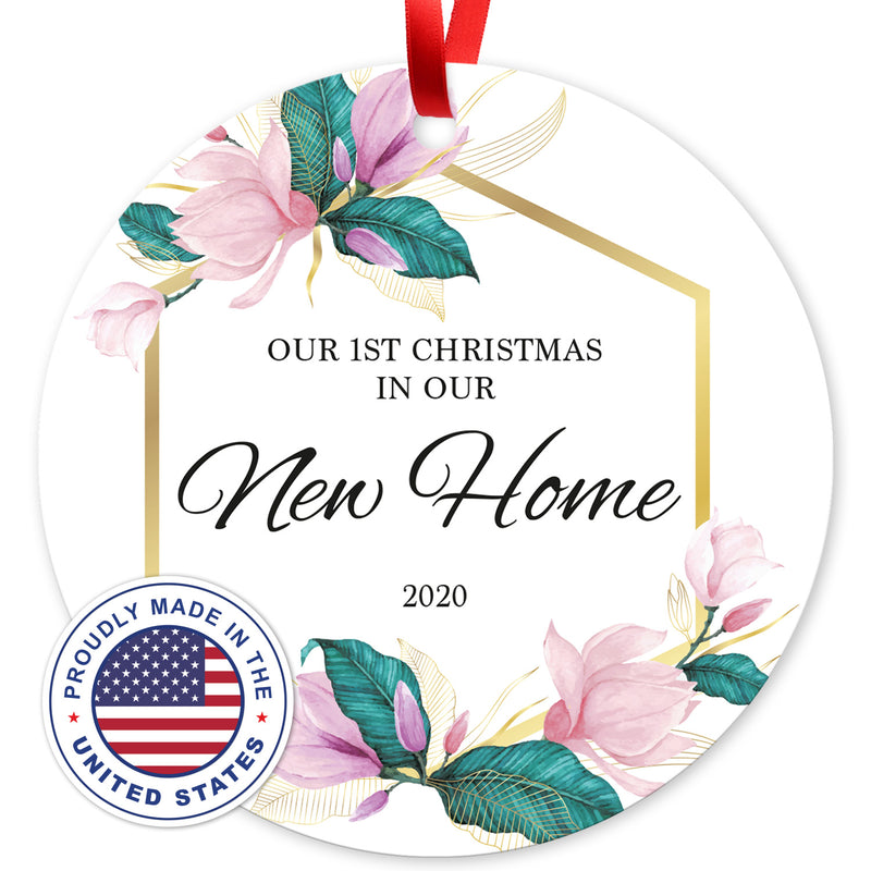 Our First Christmas In Our New Home 2020, Christmas Tree Decorations Gift Ornament, Round Metal Ornament, Velvet Pouch Included, By Soul Décor