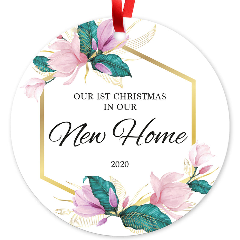 Our First Christmas In Our New Home 2020, Christmas Tree Decorations Gift Ornament, Round Metal Ornament, Velvet Pouch Included, By Soul Décor