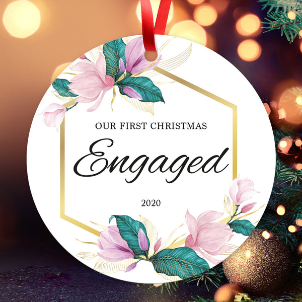 Our First Christmas Engaged 2020, Christmas Decorations Gift Ornament, Round Metal Ornament, Velvet Pouch Included, By Soul Décor