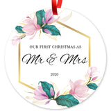 Our First Christmas As Mr & Mrs 2020, Christmas Decorations Gift Ornament, Round Metal Ornament, Velvet Pouch Included, By Soul Décor